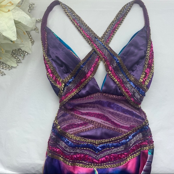 SOLD Jovani Vintage Y2k Tropical Print Prom Satin Dress - Picture 7 of 11